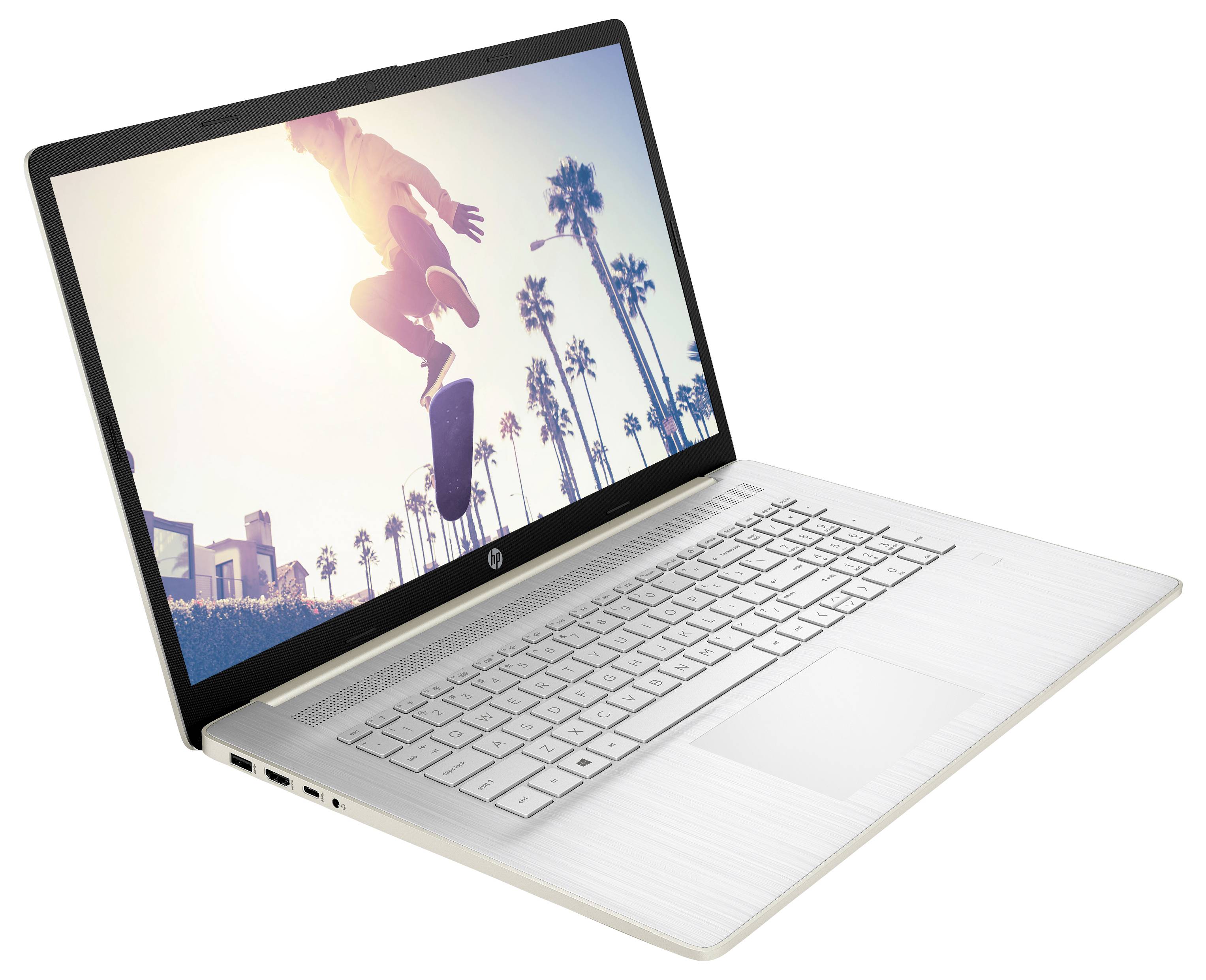 Ein weißer Laptop, der ein Bild eines Skateboarders zeigt, der Tricks in der Luft vollführt, vor einer Kulisse von Palmen und einem hellen Himmel.