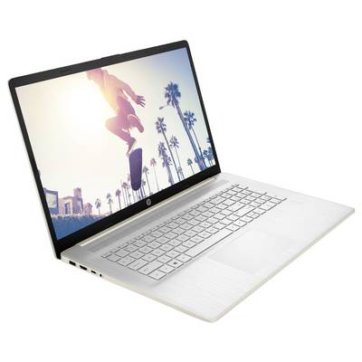 Ein weißer Laptop, der ein Bild eines Skateboarders zeigt, der Tricks in der Luft vollführt, vor einer Kulisse von Palmen und einem hellen Himmel.