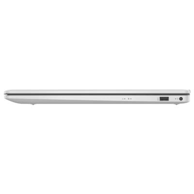 Eine Seitenansicht eines geschlossenen Laptops, die die USB-Anschlüsse und den Kopfhörerbuchse auf einem weißen Hintergrund zeigt.
