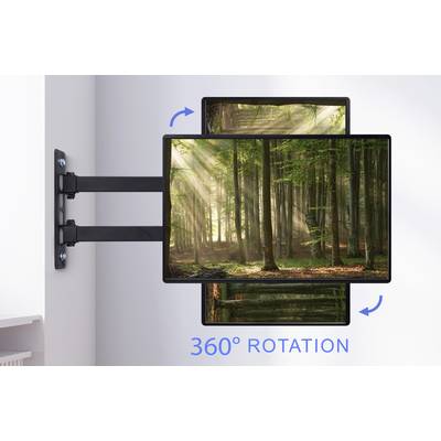 Ein an der Wand montierter Monitor, der eine Waldszene zeigt, kann sich 360 Grad drehen. Blaue Pfeile weisen auf die Rotationsfähigkeit hin.