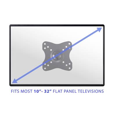 Wandhalterung für Flachbildschirme mit Bildschirmgrößen von 10"-32", die eine Montagebefestigung und eine diagonale Maßillustration zeigt.