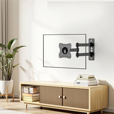Ein Wohnzimmer zeigt einen Holz-TV-Ständer mit Büchern und einer Kamera darauf, eine an der Wand montierte TV-Halterung und eine Topfpflanze in der Ecke.