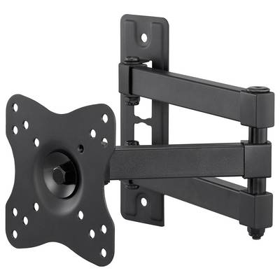 Ein schwarzer, verstellbarer TV-Wandhalter mit mehreren Drehpunkten und einer Flachbildschirm-Halterung, der für flexible Positionierung und platzsparende Installation entwickelt wurde.