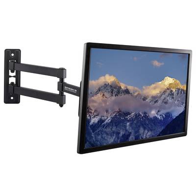 Eine wandmontierte TV mit einem verstellbaren Arm, der eine malerische Szene von schneebedeckten Bergen unter einem teilweise bewölkten Himmel zeigt.