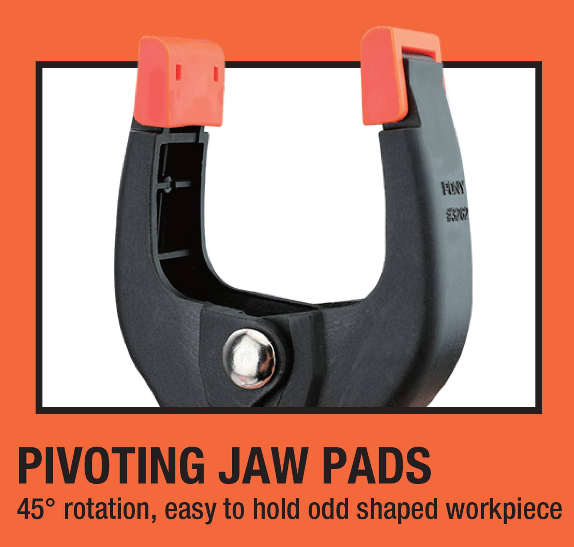 Klemmvorrichtung mit schwenkbaren Backen, 45° Rotation, einfach zu haltendes, geformtes Werkstückspannmittel in Schwarz mit orangefarbenen Enden vor orangefarbenem Hintergrund.