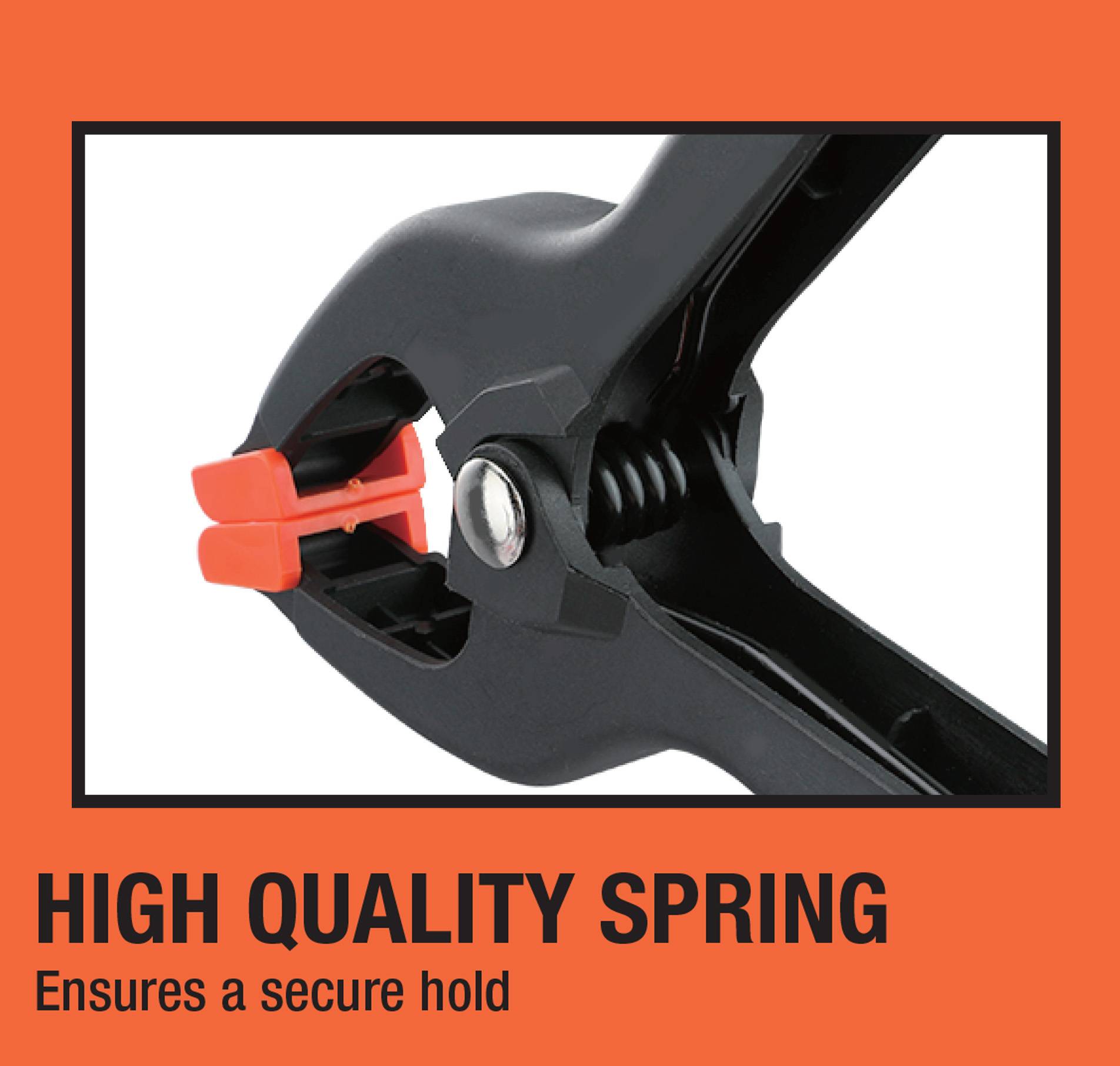 Das Bild zeigt eine schwarze Klemme mit einer sichtbaren hochwertige Feder und roten Backen auf orangefarbenem Hintergrund. Der Text lautet: "Hochwertige Feder: Garantiert einen sicheren Halt."