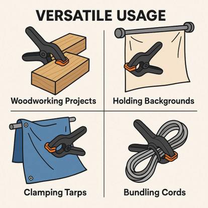 "Vielseitige Verwendung" mit vier Einsatzmöglichkeiten von Klammern: "Holzarbeiten", "Hintergrundhalterung", "Plane befestigen", "Kabel bündeln".
