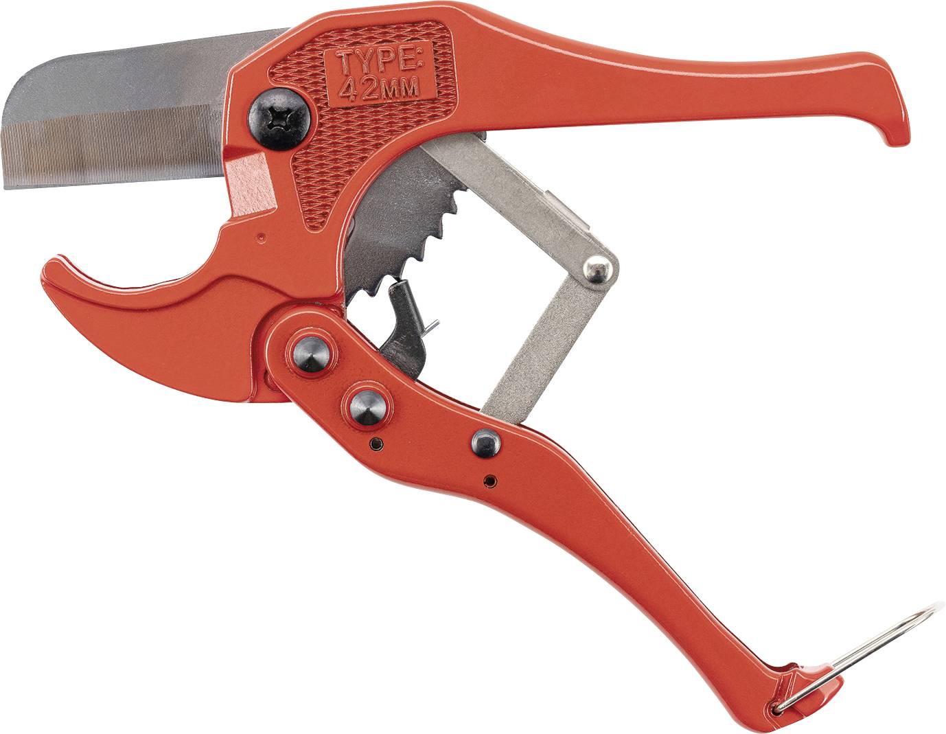 Ein orangefarbener, ratschenstil-artiger PVC-Rohrabschneider mit der Beschriftung "TYP 42 MM", der für ein effizientes Rohrabschneiden entwickelt wurde.