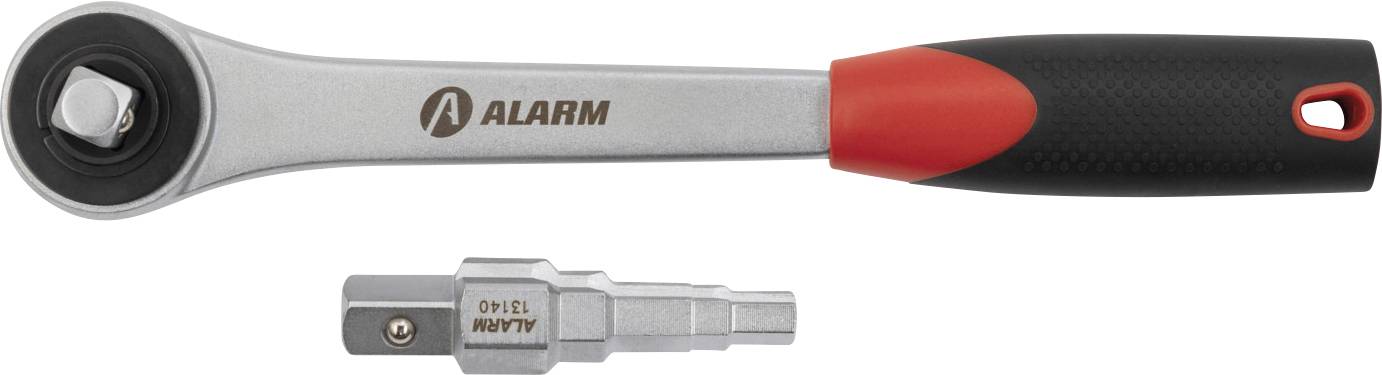 Ein Knarren-Schraubenschlüssel mit einem schwarz-roten Griff, der mit "Alarm" beschriftet ist, und einem silbernen Socketadapter, der mit "Alarm 1/4"" beschriftet ist.
