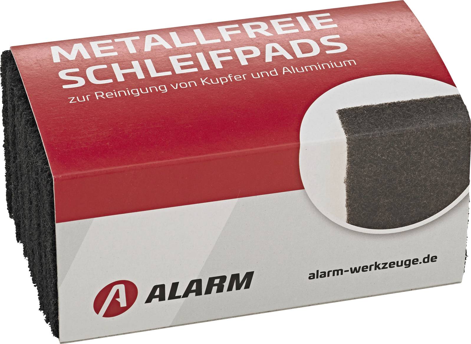 Packung mit metallfreien Reinigungspads für Kupfer und Aluminium von Alarm Werkzeuge, auf der rechten Seite eine Beispieltextur zeigend.