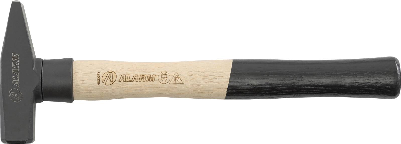 Ein Hammer mit einem Holzgriff und einem schwarzen Metallkopf, versehen mit der Markenaufschrift 'ALARM' und Symbolen, wahrscheinlich für Zimmerarbeiten oder allgemeine Verwendung.