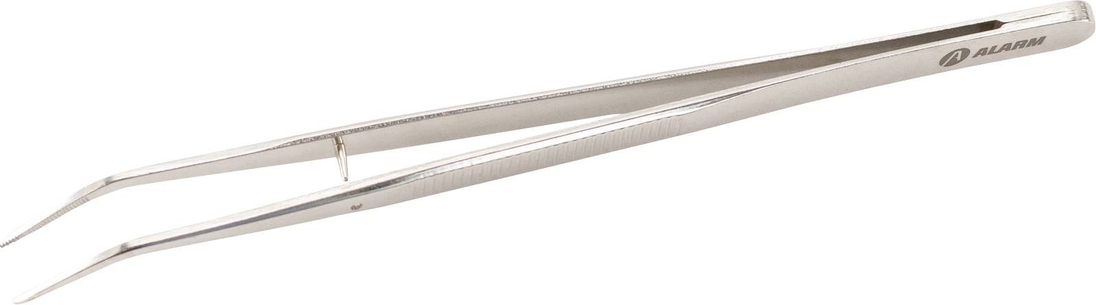 Silberne Präzisionspinzetten mit feinen, spitzen Spitzen, auf dem Griff mit 'ALARM' beschriftet, die üblicherweise für detaillierte Aufgaben verwendet werden.