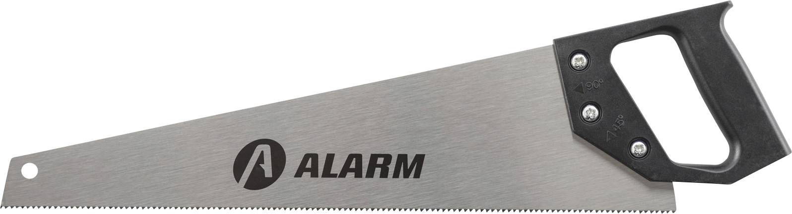 Eine Handsäge mit einem schwarzen Griff und dem Markennamen 'ALARM' auf der Klinge.