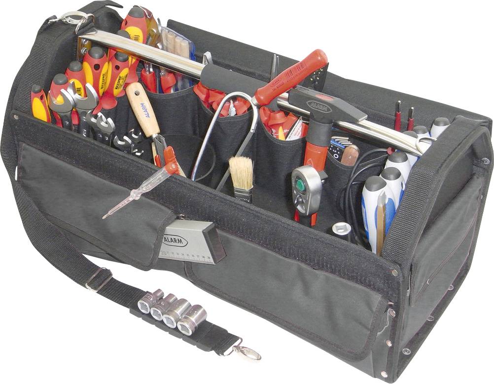 Eine schwarze Werkzeugtasche gefüllt mit verschiedenen Handwerkzeugen wie Schraubenziehern, Zangen, Hämmern und Pinseln, die einen umfassenden Werkzeugkasten repräsentiert.