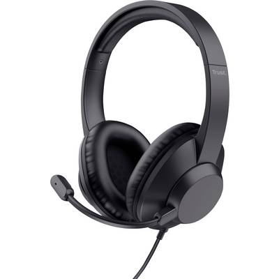 Schwarze Over-Ear-Kopfhörer mit gepolstertem Kopfbügel und angebrachtem verstellbarem Mikrofon.