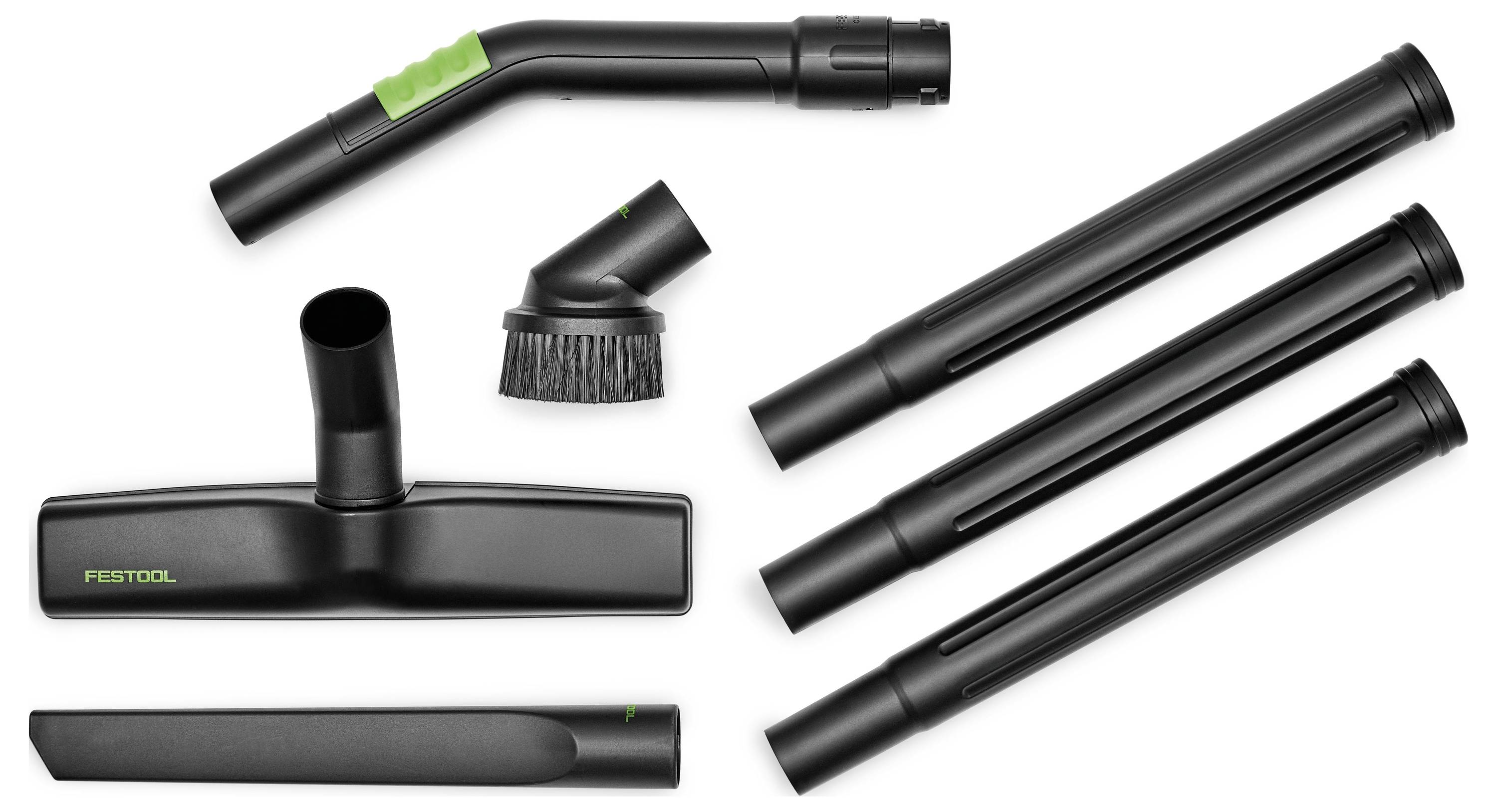 Staubsauger-Zubehörset mit Verlängerungsrohren, Bürste, Fugendüse und Bodendüse, auf einem weißen Hintergrund angeordnet.