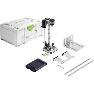 Bohrerzubehör-Set von Festool mit mehreren Metallkomponenten und grünen Details, neben einem tragbaren Aufbewahrungskoffer.