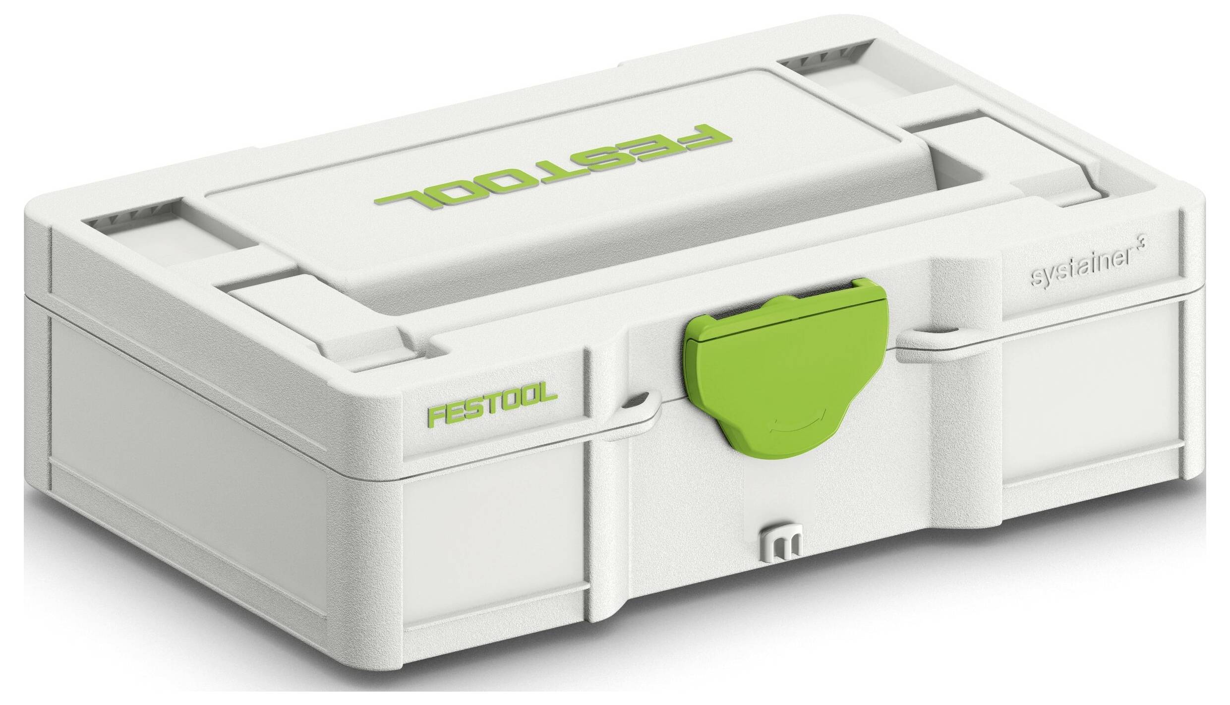 Eine weiße Kunststoff-Werkzeugbox mit einem grünen Griff, auf der oben "Festool" beschriftet ist, zum Aufbewahren und Organisieren von Werkzeugen.