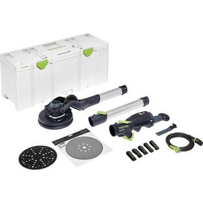Festool PLANEX Systainer mit Schleifwerkzeug, Verlängerungsstangen, Schleifscheiben, Akkus, Ladegerät und Zubehör übersichtlich angeordnet.