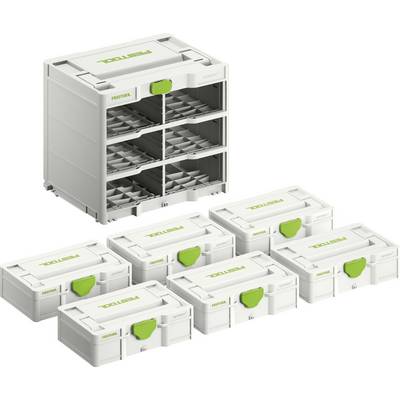 Ein Aufbewahrungssystem mit sieben modularen Boxen, wobei eine Haupteinheit sechs kleinere stapelbare Boxen enthält, die jeweils mit 'Festool' beschriftet sind.