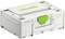Eine weiße Festool Systainer Werkzeugbox mit einem grünen Griff an der Vorderseite, verwendet zum Organisieren und Transportieren von Werkzeugen und Ausrüstung.