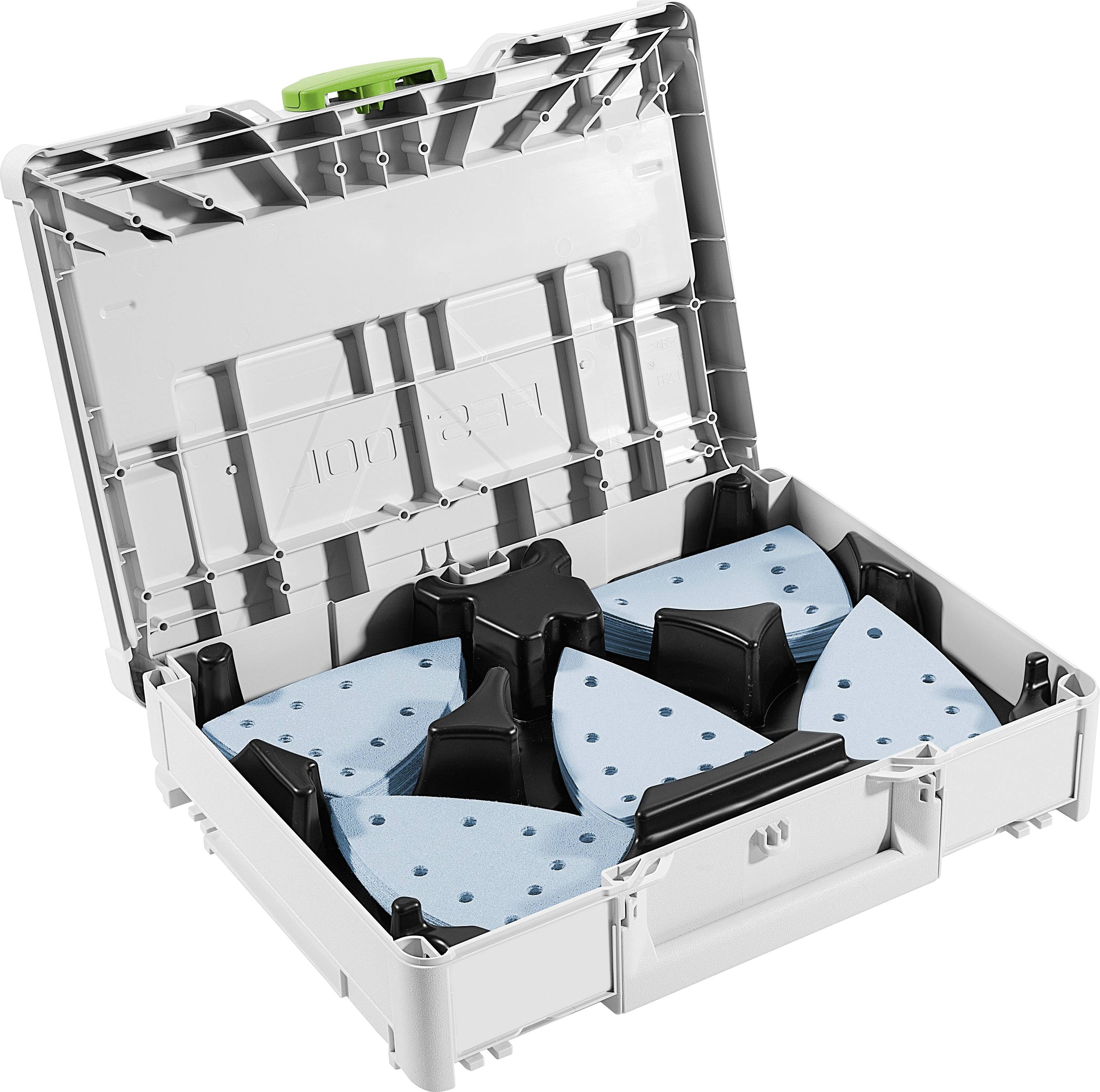 Geöffnete graue Plastikbox, die blaue dreieckige Gegenstände mit Löchern enthält, die für Lagerung oder Transport ordentlich angeordnet sind.