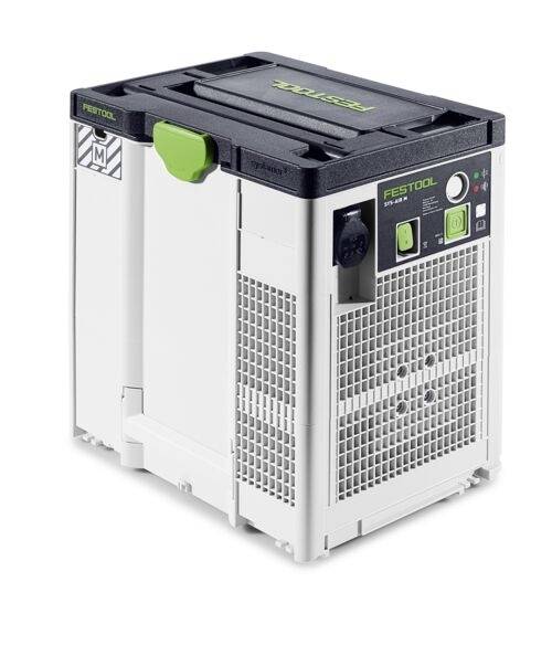 Ein weißer und schwarzer Festool Staubsauger mit Lüftungsgittern, Bedienfeld und M-Klasse-Filter, entwickelt für effiziente Staubabsaugung.