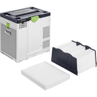 Ein Festool Absaugsystem, das eine grün etikettierte Lagereinheit mit zwei weißen Filtern daneben zeigt, entwickelt für effiziente Arbeitsplatzpflege.