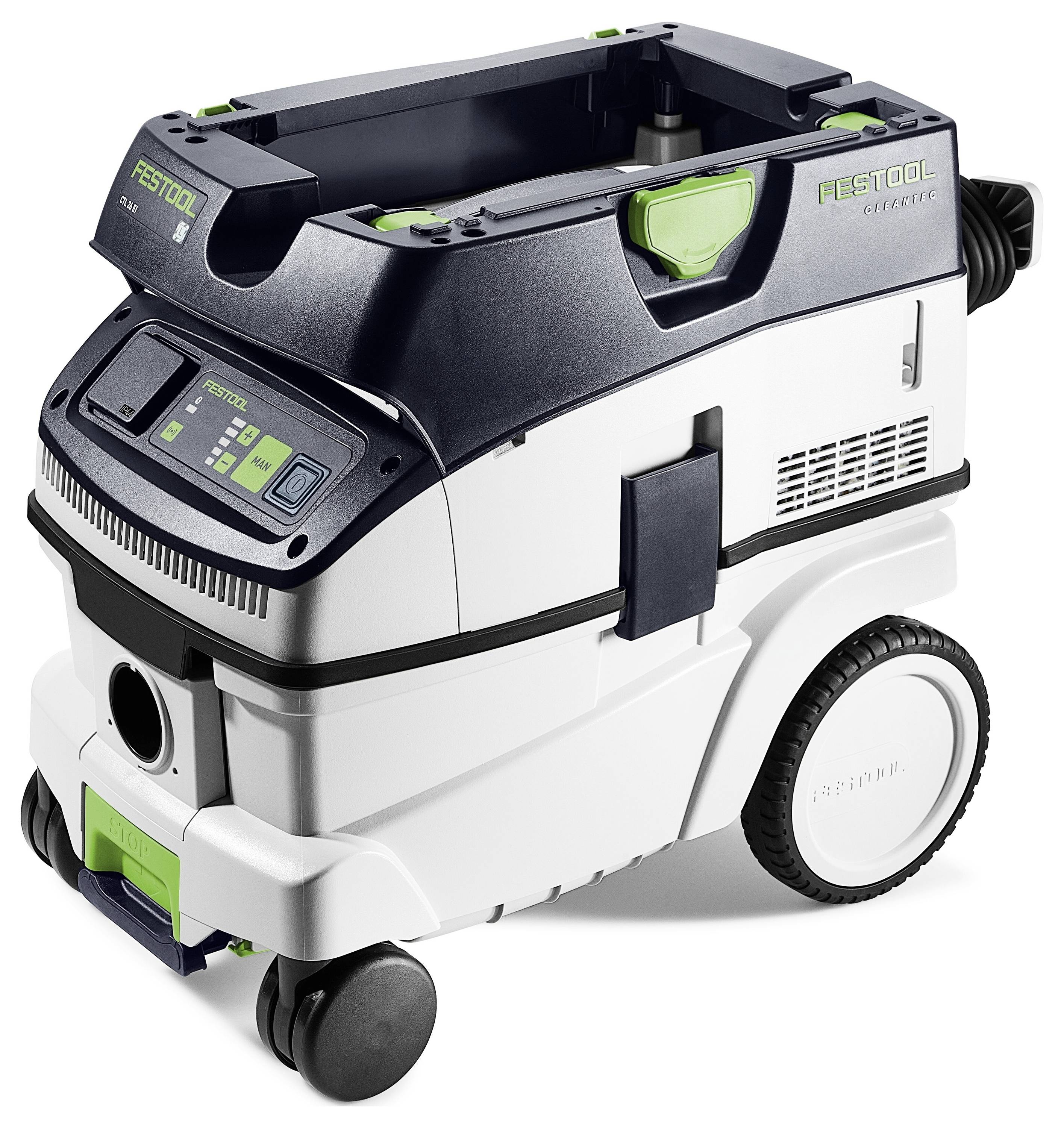 Ein weißer und schwarzer Festool Staubsauger mit digitaler Anzeige und grünen Akzenten. Er verfügt über Räder für Mobilität und ein kompaktes Design.