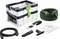 Festool CT MINI I HEPA Staubsauger mit Zubehör: Schlauch, Filterbeutel, verstellbarer Tragegurt und Reinigungsdüsen auf Präsentation.