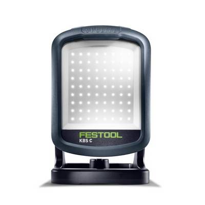 Eine tragbare, rechteckige LED-Arbeitsleuchte mit einer grünen 'Festool KBS C' Beschriftung auf ihrer Basis, entwickelt für professionelle oder Heimwerker-Anwendungen.
