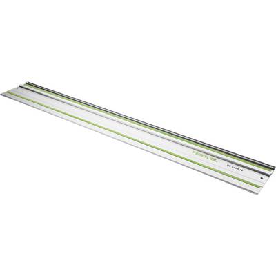 Eine Metallführungsschiene mit einem grünen Streifen, beschriftet mit ‚FESTOOL FS 1400/2', die zum präzisen Schneiden in der Holzbearbeitung und im Baugewerbe verwendet wird.