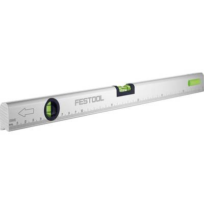 Eine silberne Festool-Wasserwaage mit einer Luftblasenlibelle zur horizontalen Ausrichtung, in Zentimetern markiert, mit einer Richtungspfeil und grünen Endkappen.