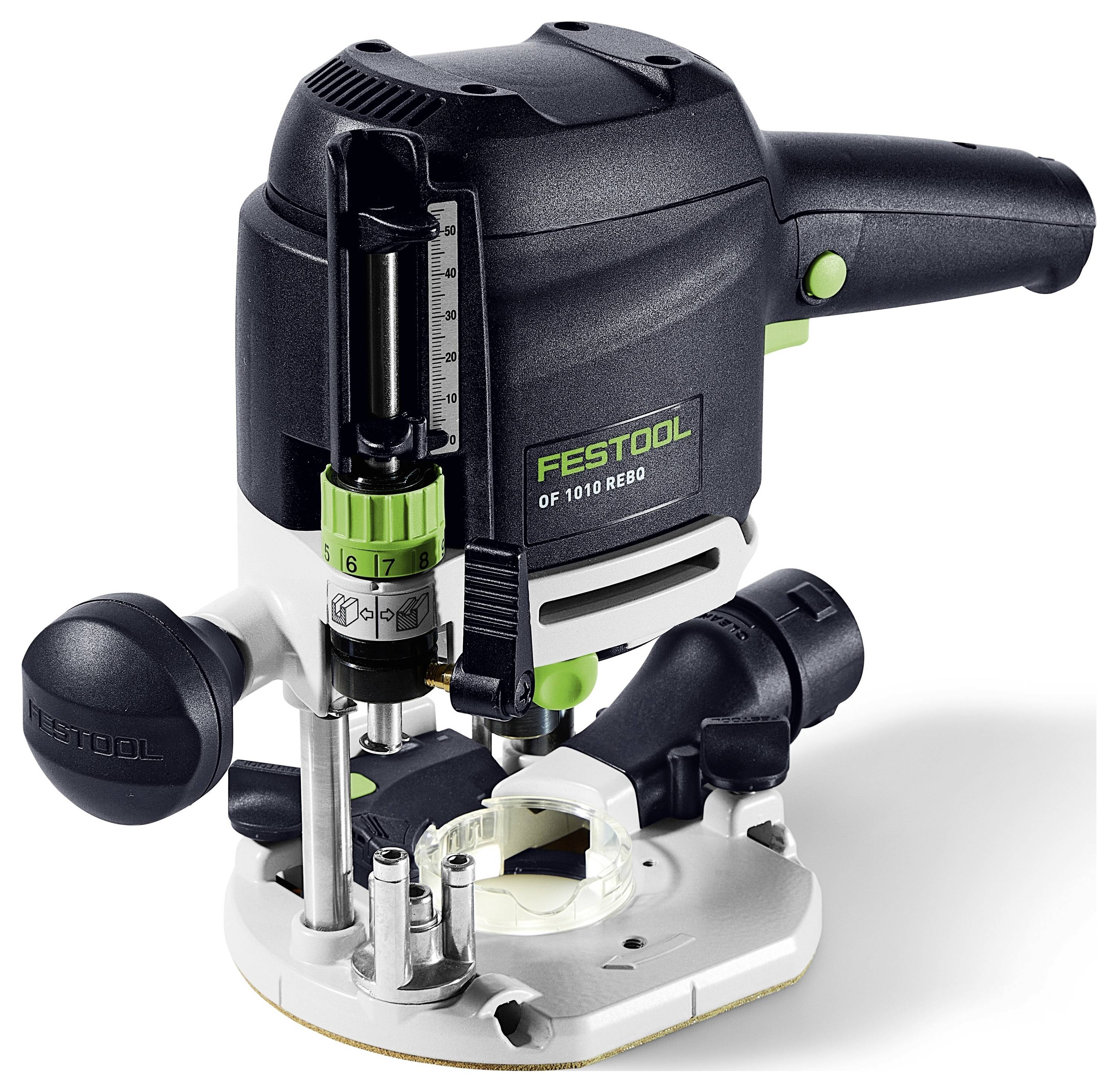 Festool OF 1010 REQ Router auf weißem Hintergrund, der sein ergonomisches Design mit Einstellungsreglern und Maßskala für Präzision präsentiert.