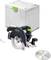 Eine kompakte Festool Führungsschiene und eine Aufbewahrungsbox sind zu sehen. Das Bild hebt das Design der Säge hervor und zeigt eine Sägeblatt und Zubehör.