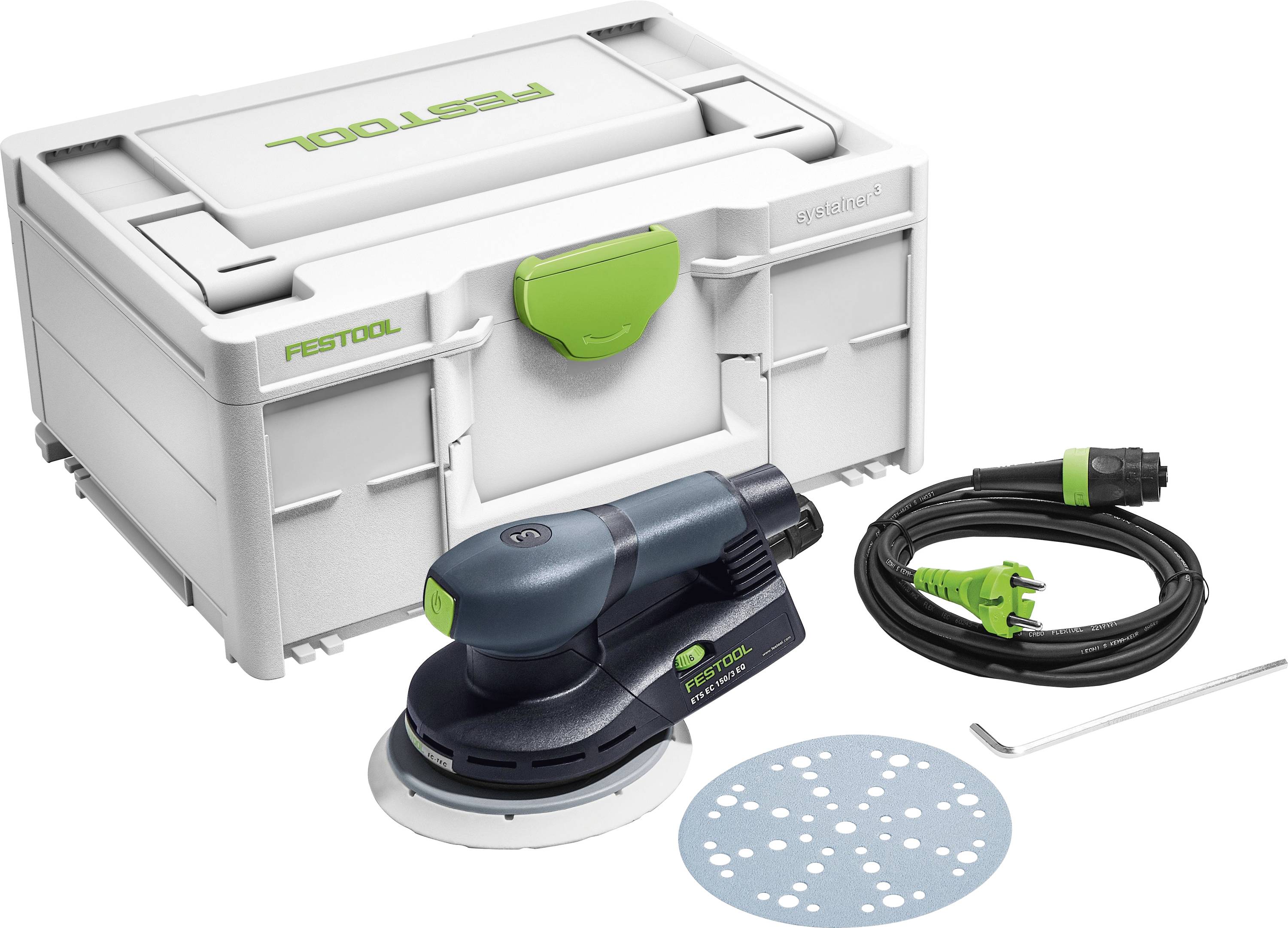 Ein Festool Exzenterschleifer-Set enthält einen Schleifer, ein Netzkabel, einen weißen Transportkoffer, eine Schleifscheibe und einen Sechskantschlüssel für die Montage.