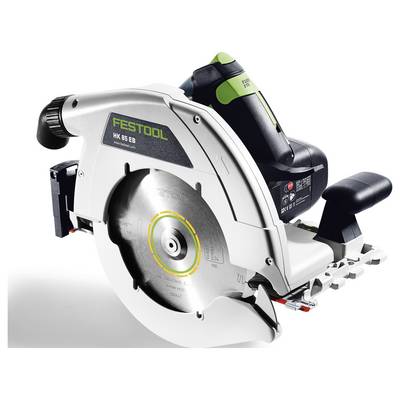 Eine Kreissäge mit grau-schwarzem Design, auf deren Seite der Markenname 'Festool' prangt, mit scharfer Metallklinge und ergonomischem Griff.
