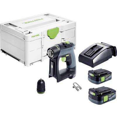 Akku-Bohrschrauber-Set mit zwei Akkus, Ladegerät, Bohrer und Transportkoffer, Markenname 'Festool' auf Bohrschrauber und Koffer sichtbar.