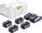 Festool Akkuset mit Ladegerät und Aufbewahrungsbox, bestehend aus vier 18V-Akkus und Dual-Slot-Ladegerät, entwickelt für Elektrowerkzeuge.