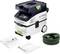 Festool Cleantec CT 26 E Staubsauger mit Zubehör, einschließlich eines grünen Schlauchs und eines Einweg-Filterbeutels, vor einem weißen Hintergrund präsentiert.