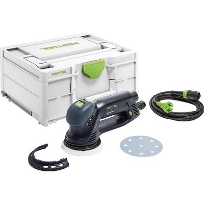 Eine Festool Schleiferset, bestehend aus einem Schleifer, Transportkoffer, Netzkabel und Schleifscheibe, wird vor einem einfarbigen Hintergrund präsentiert.