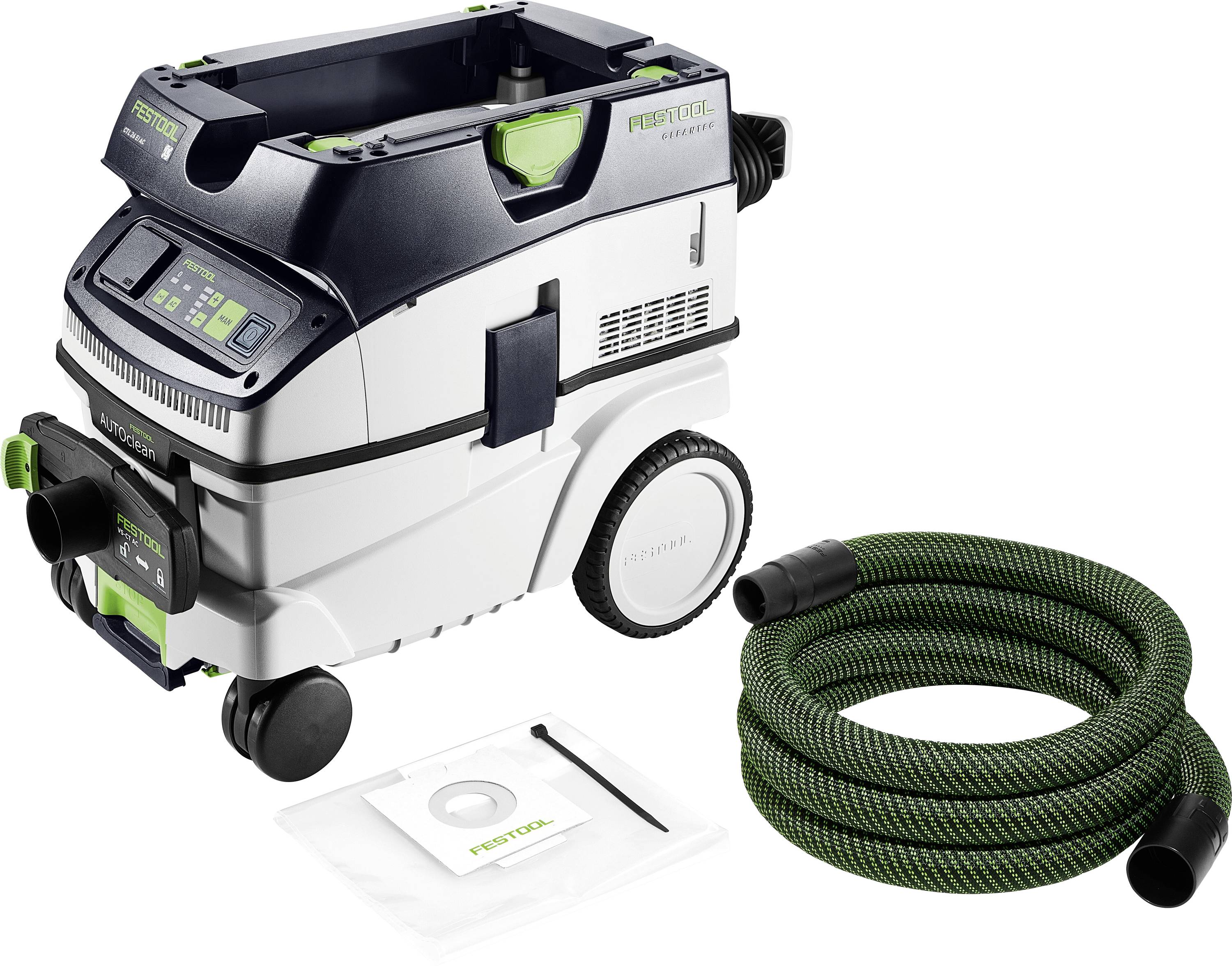 Staubsauger 'Festool CT 26 E' mit grünem Schlauch und Zubehörtasche. Verfügt über ein kompaktes Design und Räder für gute Mobilität. Geeignet für Werkstattanwendungen.