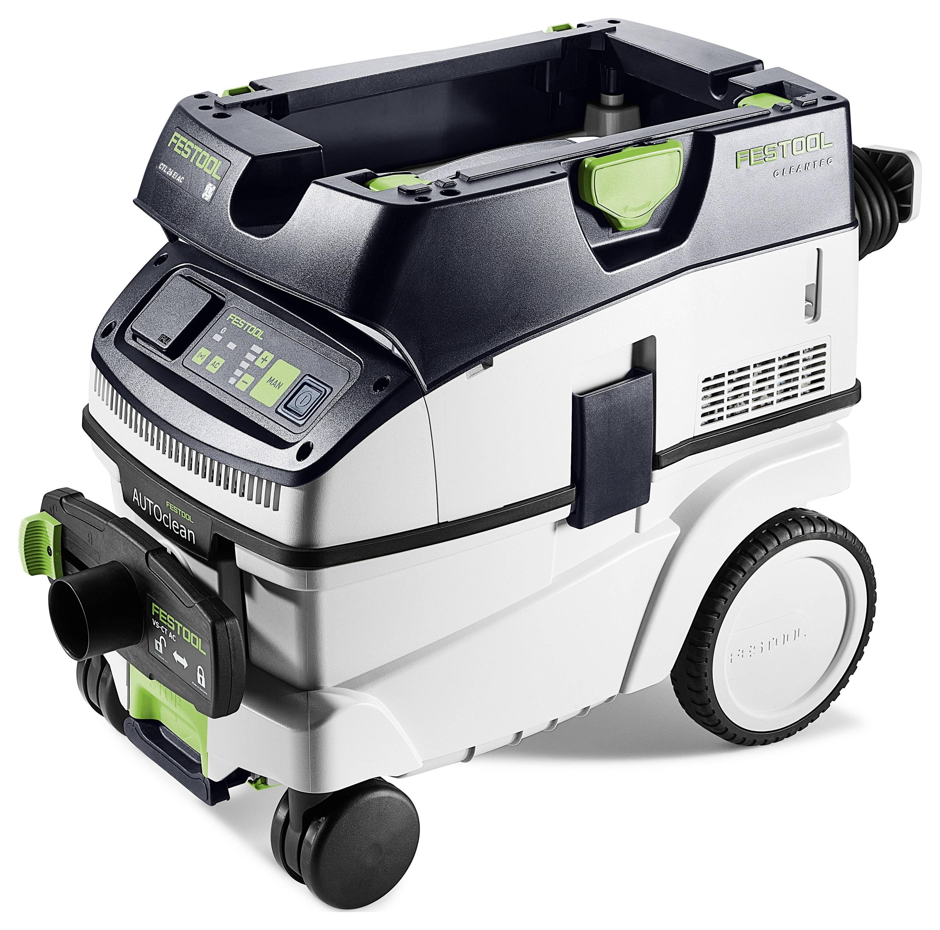 Ein tragbarer, industrieller Staubsauger mit digitalem Display, großen Rädern und grünen Akzenten, entwickelt für anspruchsvolle Reinigungsaufgaben.