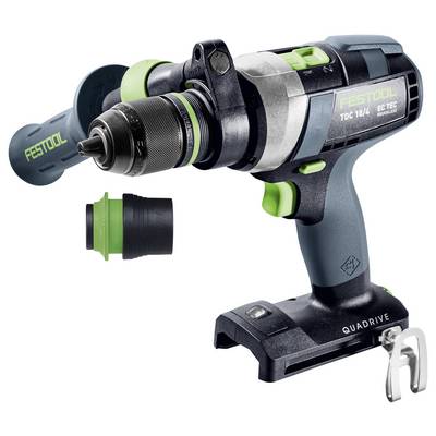 Akku-Bohrschrauber mit der Beschriftung 'FESTOOL TDC 18/4 QUADRIVE' und 'EC TEC', der einen auswechselbaren Bohraufsatz zeigt.