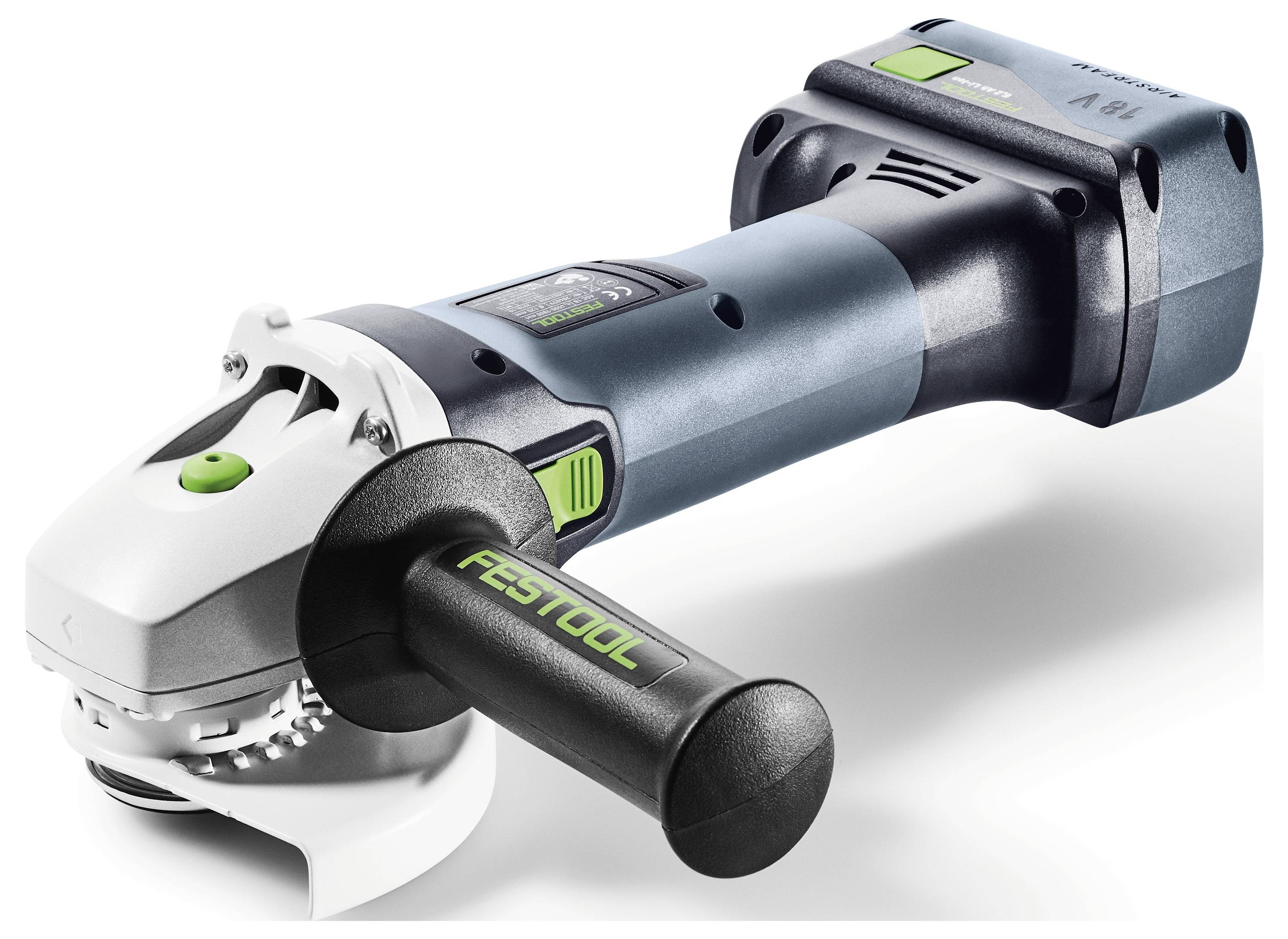 Akku-Winkelschleifer mit grünem 'FESTOOL' Logo am Griff, konzipiert für Schneid- und Schleifarbeiten im Bau- oder Metallbereich.