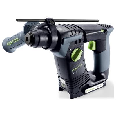 Eine blaue und schwarze Bohrmaschine mit grünem Auslöser und Griff, beschriftet mit 'Festool'. Sie ist für präzises Bohren und Bauaufgaben konzipiert.