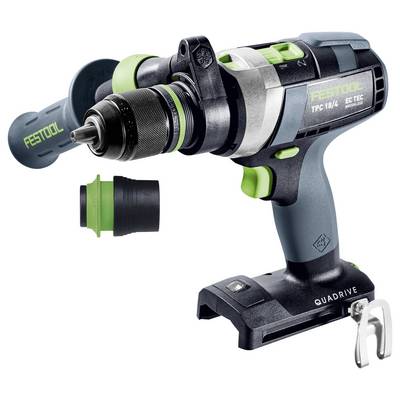 Festool TPC 18/4 Akku-Bohrschrauber mit auswechselbarem Bohrfutter und QUADRIVE-System, die Komponenten und ergonomisches Design präsentierend.