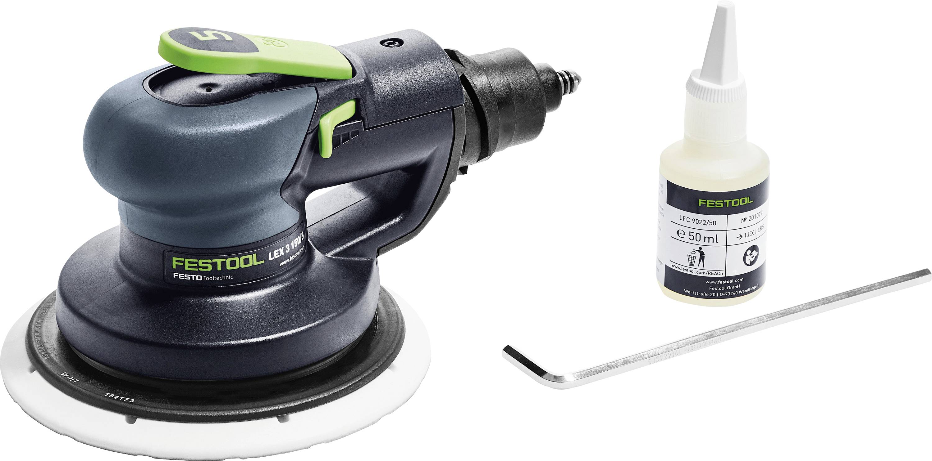 Exzenterschleifer und 50-ml-Schmiermittelflasche mit einem Innensechskantschlüssel, Festool-Branding auf beiden Artikeln sichtbar.