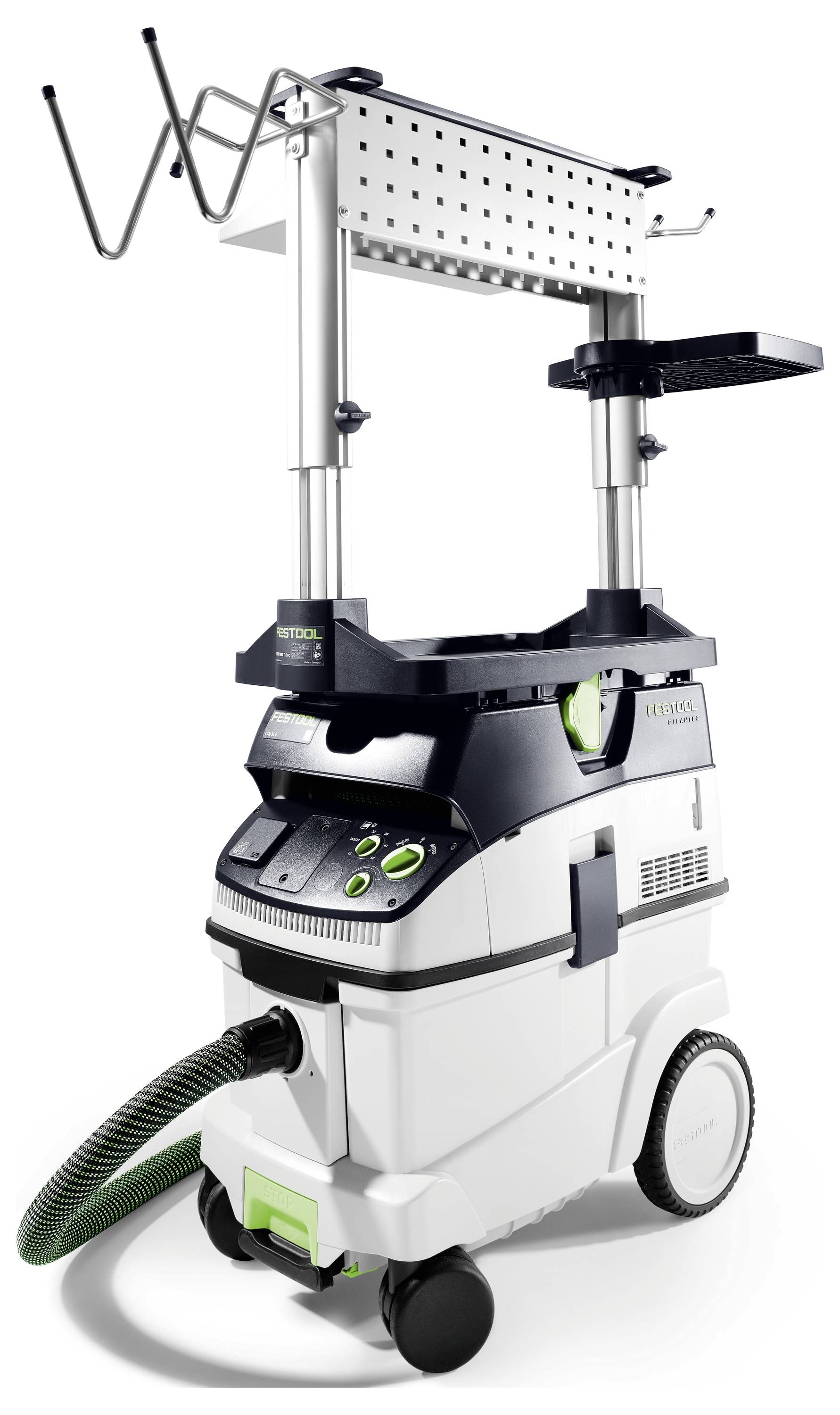 Festool CTM 48 E AC Staubsauger mit Zubehör, ausgestattet mit großen Rädern für gute Mobilität, Schlauchhalter und Bedienfeld mit Tasten.