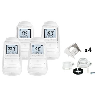 Vier digitale Thermostate zeigen Temperaturen für 'Küche', 'Schlafzimmer 1', 'Wohnzimmer' und 'Esszimmer'. Zubehör rechts abgebildet.